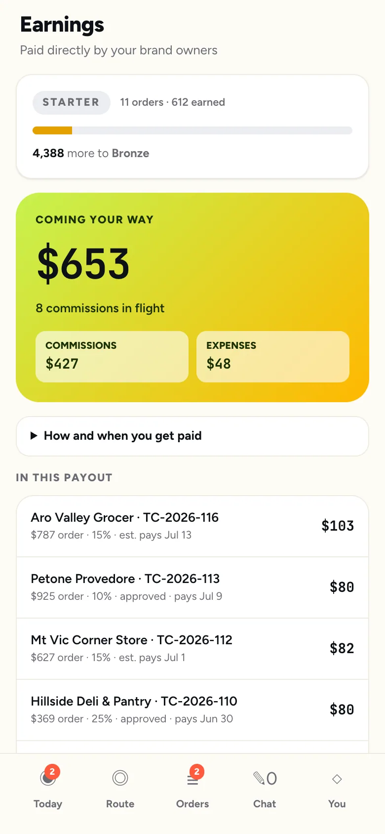Agent earnings screen with commission totals grouped by pending, approved and paid.