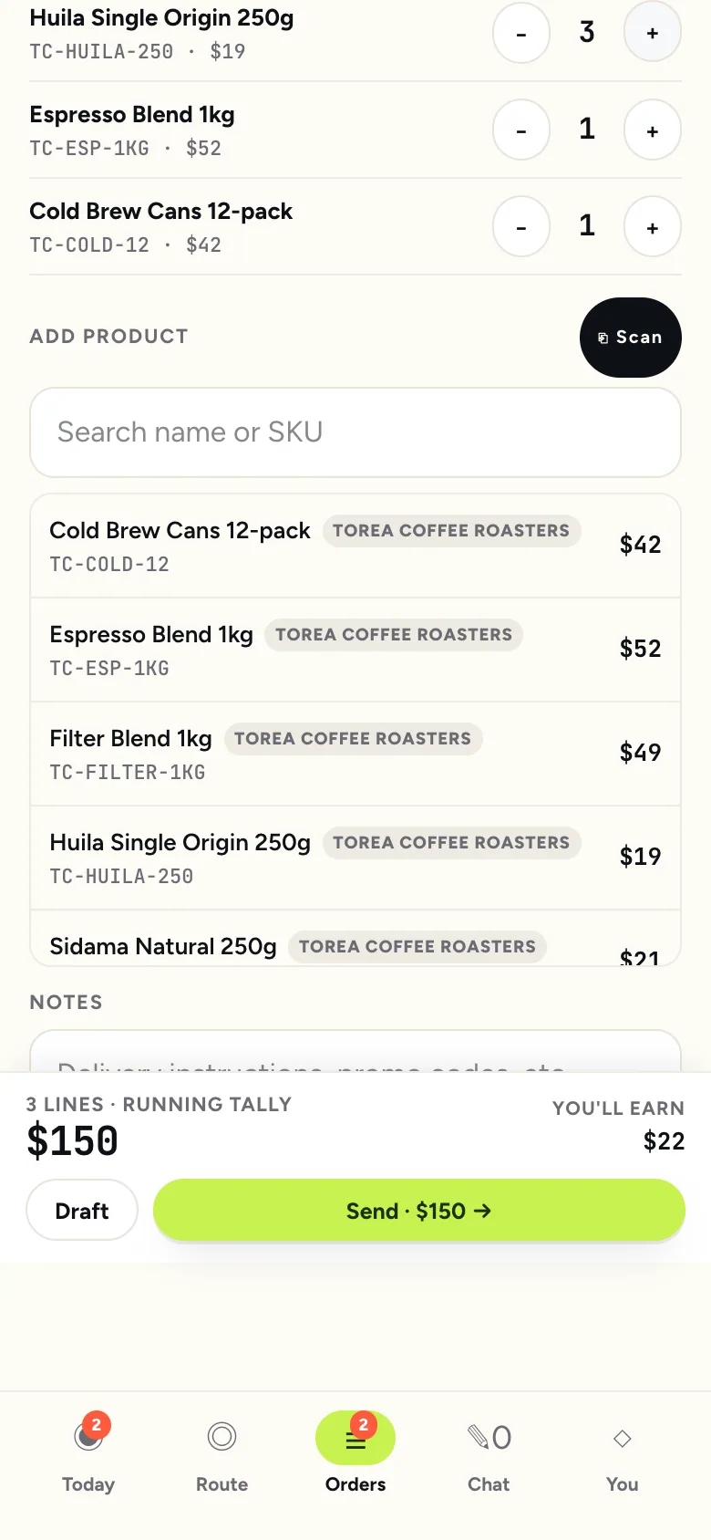 Agent order entry on a phone with line items and the commission calculating live.