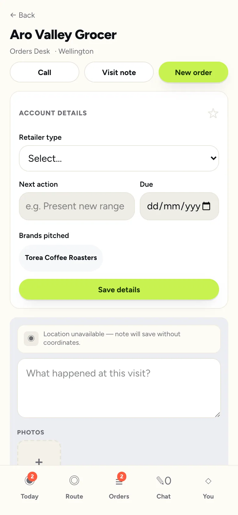 Visit note capture on a phone with outcome and follow-up fields.