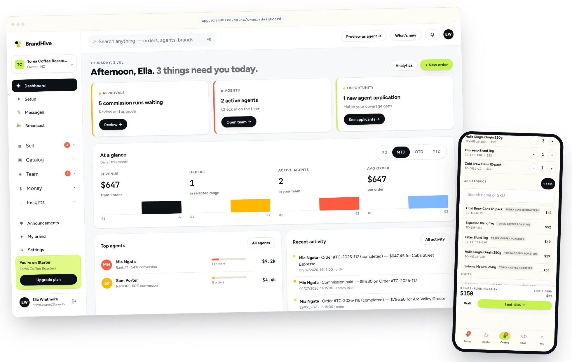 BrandHive owner dashboard and agent order entry showing a live commission calculation.