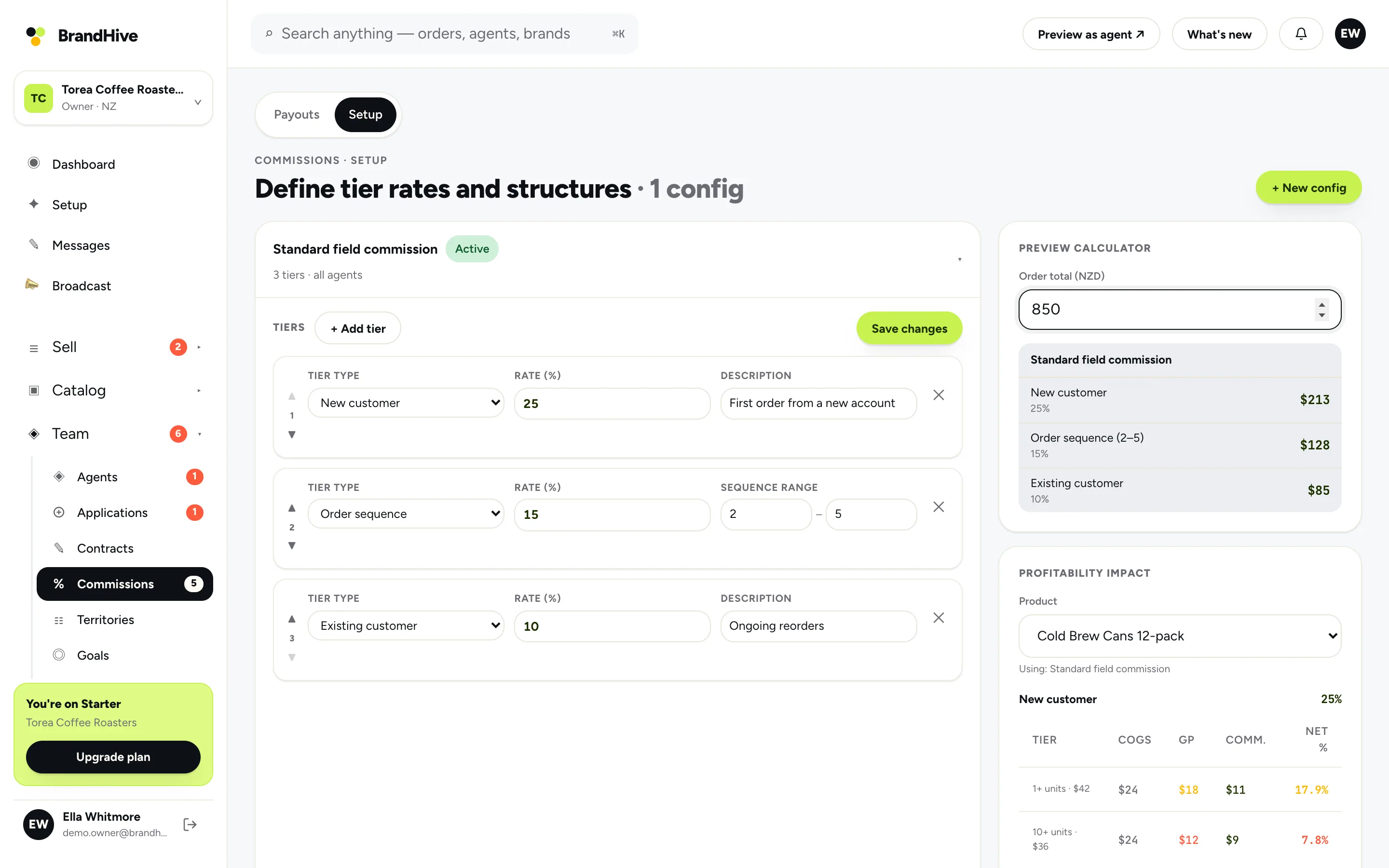 Commission configuration screen with tier rates and per-product profit modelling.